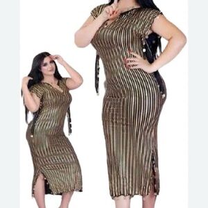 Brown and Tan Sleeveless V-Neck Bodycon Dress